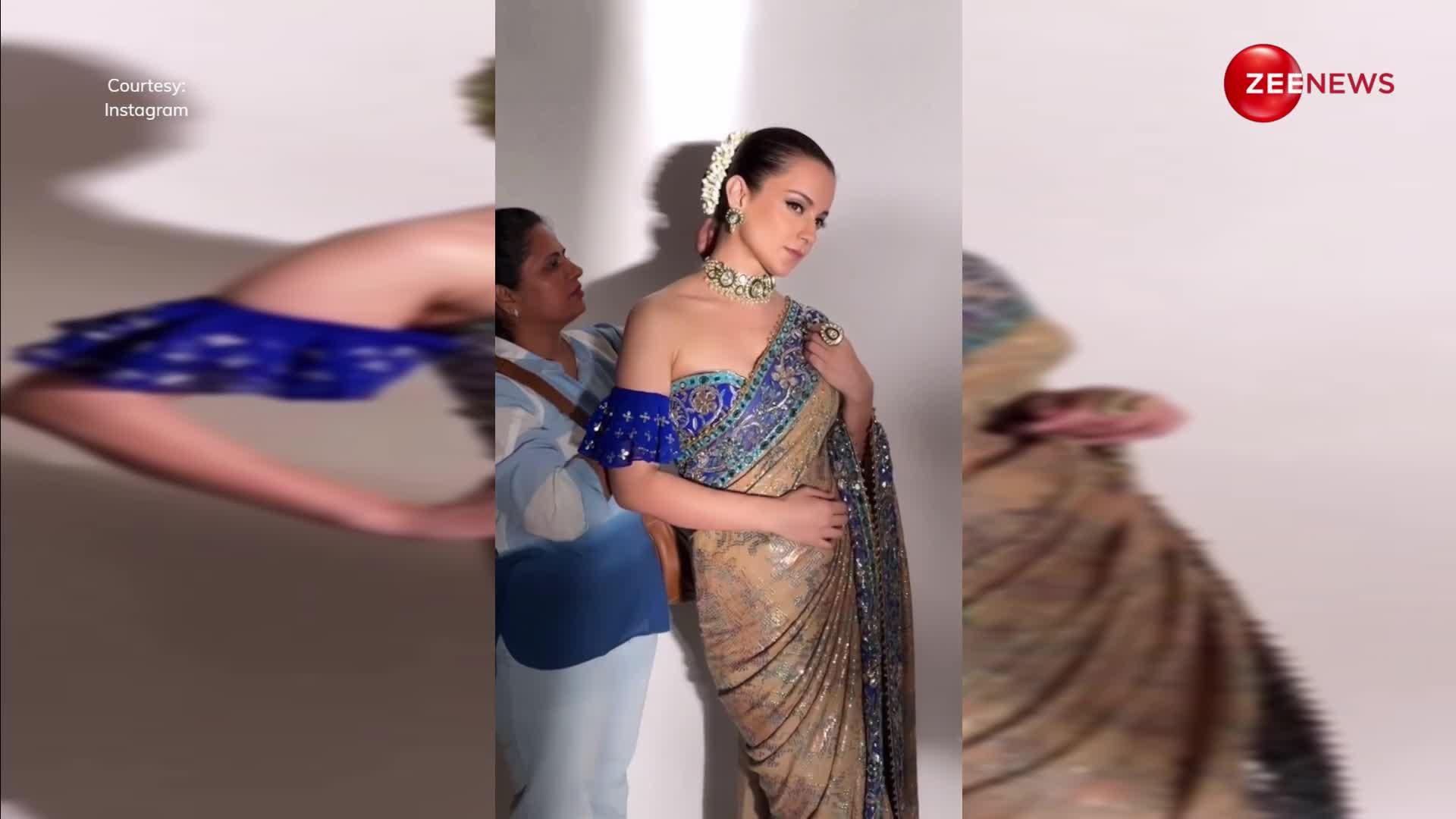 Kangana Ranaut ने ऑफ शोल्डर ब्लाउज और साड़ी में दिया क्लासी लुक,बार-बार देखने पर मजबूर हुए लोग