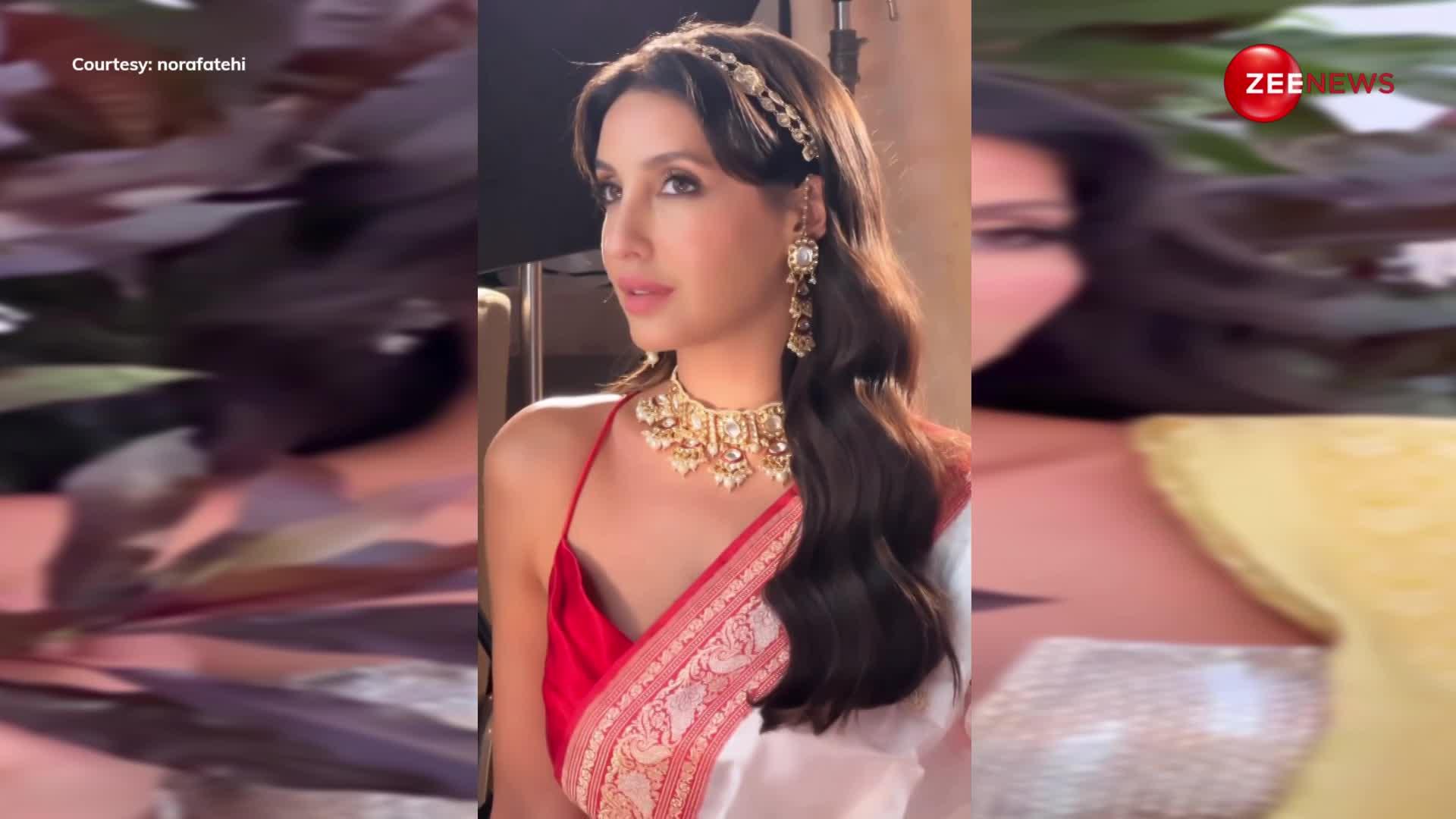 साड़ी के साथ डीपनेक ब्लाउज पहन Nora Fatehi ने बिना शर्म दिखाया अपना सिडक्टिव लुक, अदाएं देख फैंस के छूटे पसीने