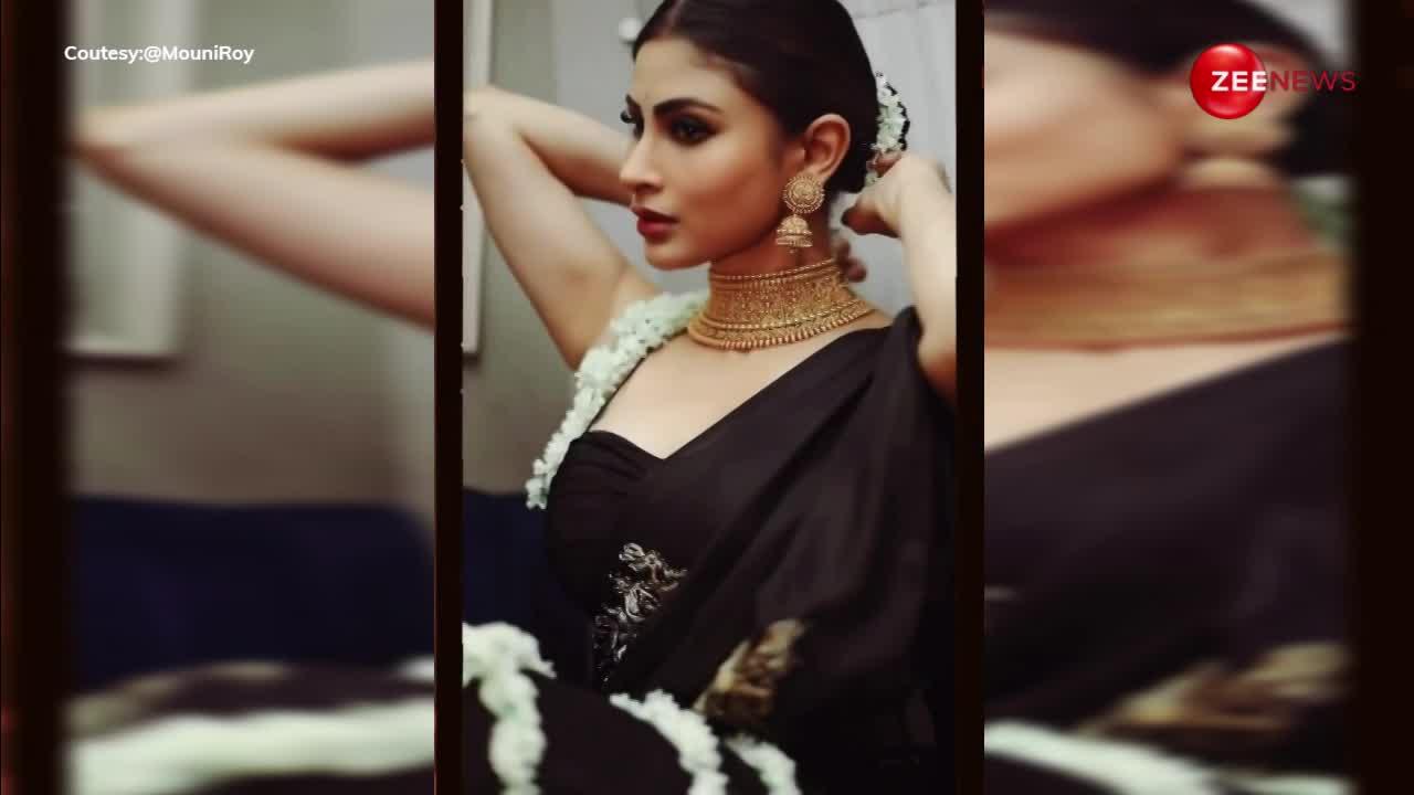 ब्लैक साड़ी के साथ बालों में गजरा लगाकर Mouni Roy ने दिखाई ऐसी सादगी, लोगों ने कहा-उई मां